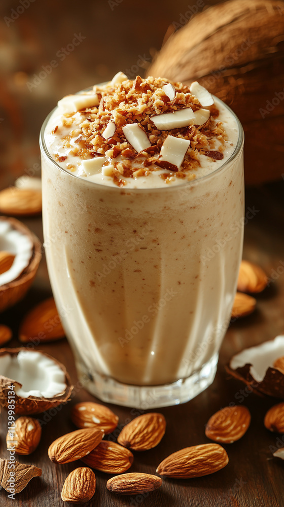 Rich almond and coconut smoothie with chopped almonds and coconut flakes Rich almond and coconut smoothie with chopped almonds and coconut flakes