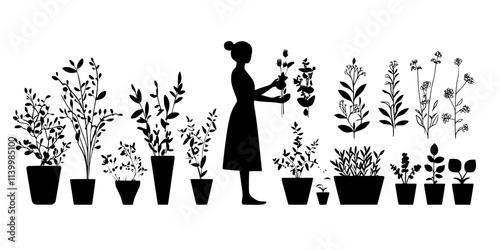 Person arranging edible plants around a patio space for easy picking, Vectorized Art