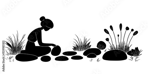 Person arranging large stones to form a pathway in a garden, Vectorized Art