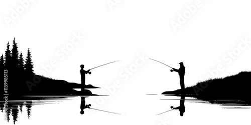 Casting lures across still waters with spinning reels, waiting for fish, Vectorized Art