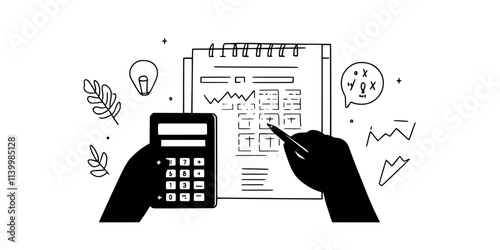 Person calculating shared expenses for group vacation using a calculator and notebook, Vectorized Art