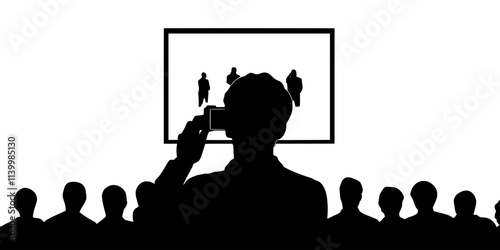 Person capturing audience reactions while recording a live show, Vectorized Art