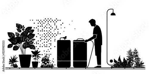 Person cleaning a rain barrel filter in preparation for collecting more water, Vectorized Art