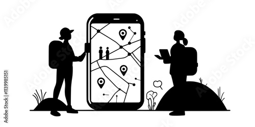 Person creating a group itinerary for sightseeing using a travel app, Vectorized Art