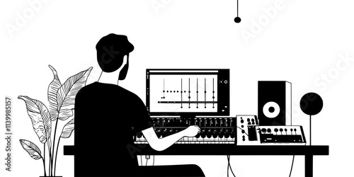 Person connecting cables between a mixer and audio interface in a home space, Vectorized Art