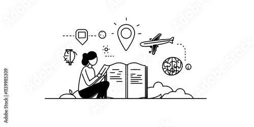 Person reviewing a guidebook while planning an economical travel itinerary, Vectorized Art