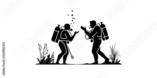 Person reviewing underwater hand signals with a dive instructor before entering the water, Vectorized Art