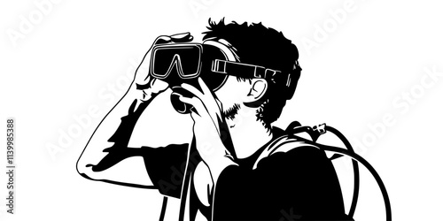 Person securing a diving mask and adjusting straps before starting a scuba diving session, Vectorized Art