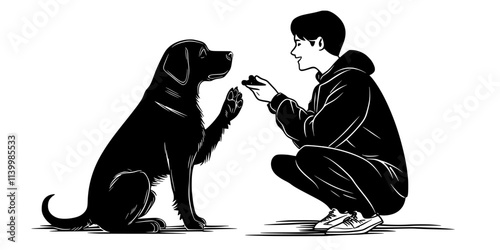 Person using treats to guide a dog into a bowing position for a trick, Vectorized Art