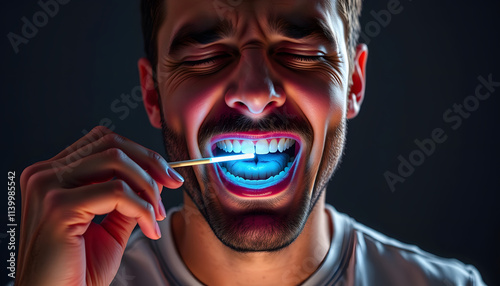 Man feeling discomfort while flossing isolated . Shades of white., png