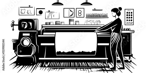 Person transferring the linocut design to a printing press for mass production, Vectorized Art