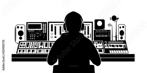 Producer composing tracks using software instruments on a laptop, Vectorized Art