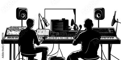 Producer overseeing a session with jazz musicians in a recording environment, Vectorized Art