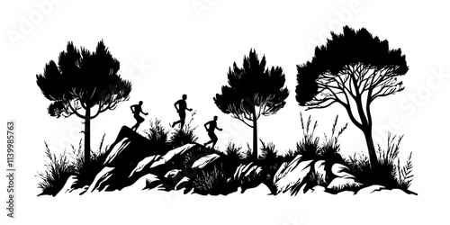 Runners descending a rocky slope surrounded by tall trees and vegetation, Vectorized Art