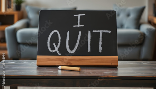 Chalkboard on coffee table with text handwritten I QUIT, concept of decision making to stop (behaviors doing something) or leave (place) permanently, job relationship marriage or bad habits isolated