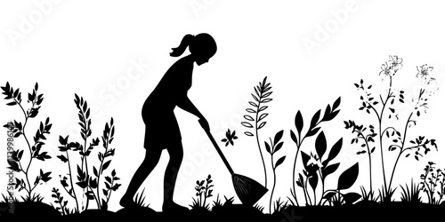 Someone clearing dead leaves from perennial plants growing in a shaded area, Vectorized Art