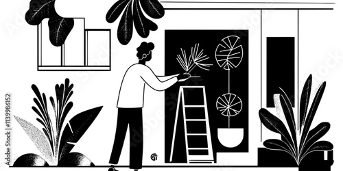 Someone installing new plants into a vertical garden on the side of a house, Vectorized Art