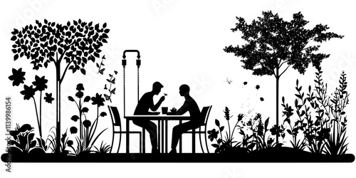 Someone installing drip irrigation in a xeriscaped garden near an outdoor seating area, Vectorized Art
