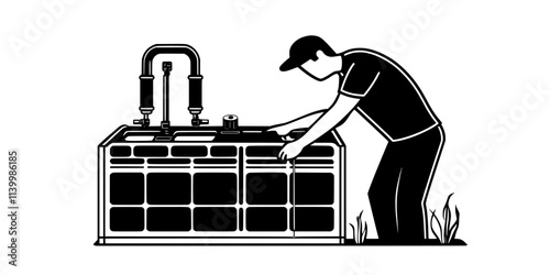 Someone setting up a filtration system in a new amphibian habitat for clean water circulation, Vectorized Art