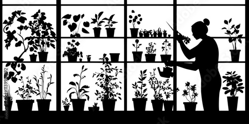 Someone pruning plants growing in a vertical garden on a balcony in an apartment, Vectorized Art