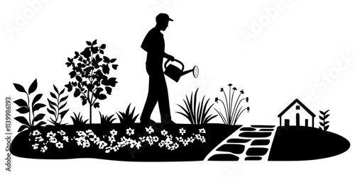 Someone watering newly planted perennials near a stone pathway in a suburban yard, Vectorized Art