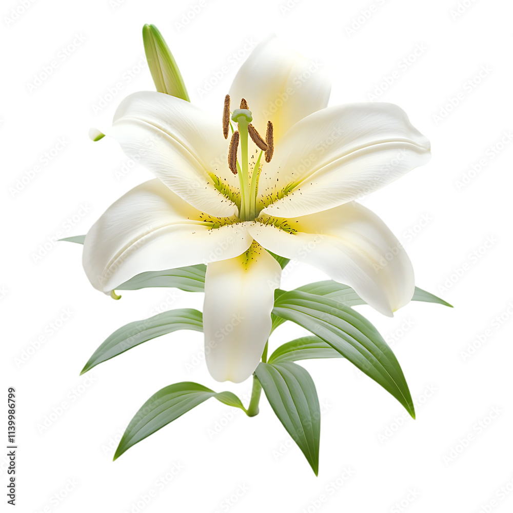 Fototapeta premium A beautiful lily flower with white petals on a transparent background.