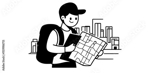 Traveler holding a guidebook, studying a map alone to navigate a city, Vectorized Art