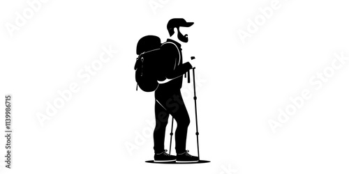 Traveler securing gear into a backpack before starting a hiking adventure in a remote area, Vectorized Art