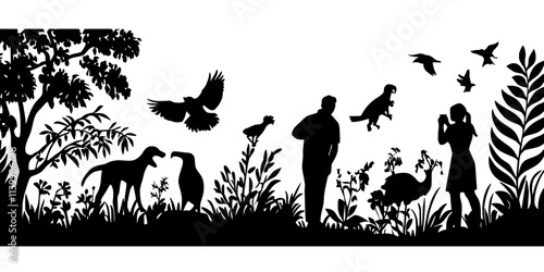 Travelers participating in a wildlife rescue activity while visiting a conservation center, Vectorized Art