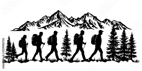 Travelers walking single-file on a narrow hiking path in a nature reserve, Vectorized Art