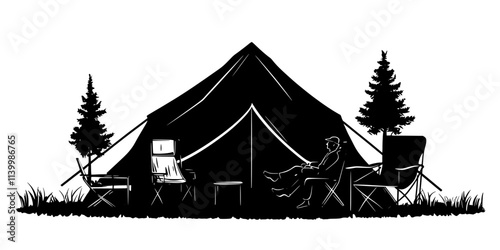 Two campers relaxing outside a furnished tent in a designated glamping area, Vectorized Art