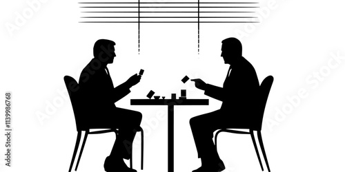 Two collectors exchanging stamps at a small meeting indoors, Vectorized Art