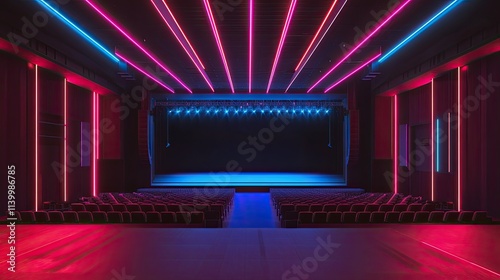 Neon Lit Theater Stage with Empty Seats photo