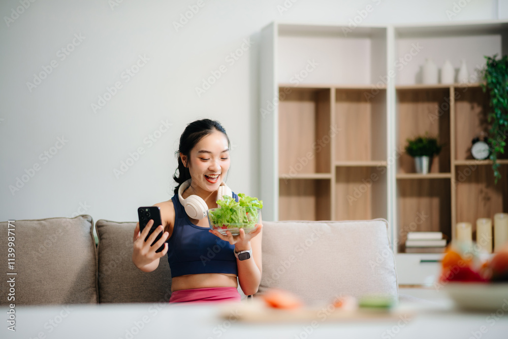 wellness as a cheerful woman enjoys a salad and fruits while engaging with technology at home