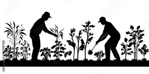Two people pulling weeds from between rows of growing vegetables in a home garden, Vectorized Art