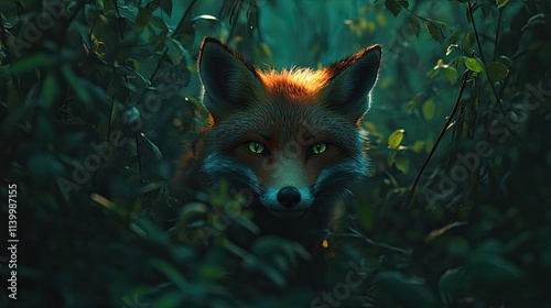 Red Fox Hidden In Lush Green Foliage photo