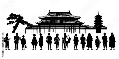Visitors on a guided tour of a major pilgrimage site, Vectorized Art