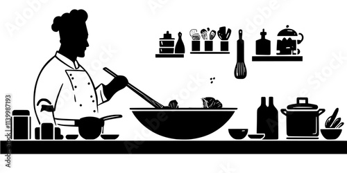 Vegetables being stir-fried in a wok by a chef in a kitchen, Vectorized Art