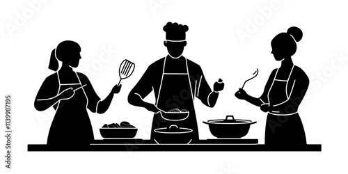 Visitors learning to prepare regional dishes in a hands-on cooking class, Vectorized Art
