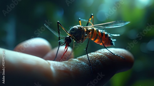 Striped mosquito with wings spread, extracting blood from a person's hand, captured in a high-detail close-up. photo