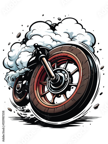 Extreme close-up of a spinning motorcycle wheel, tire detail visible, with tire smoke billowing dramatically.