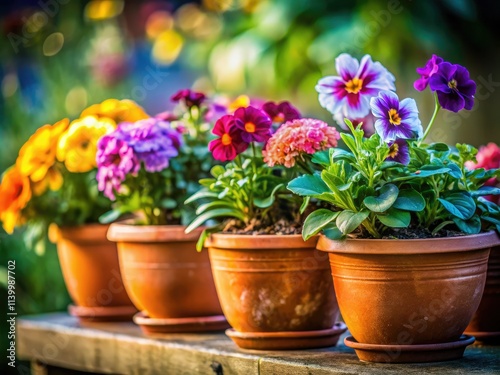 A photographic journey: blooming plants thriving in colorful, vibrant flower pots.