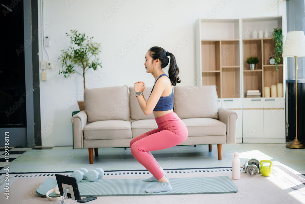 Capture the essence of wellness as a young woman practices yoga and stretches on a mat surrounded Capture the essence of wellness as a young woman practices yoga and stretches on a mat surrounded