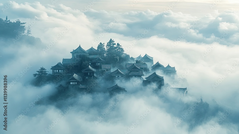 Fototapeta premium Mountaintop Village Hidden In Misty Clouds