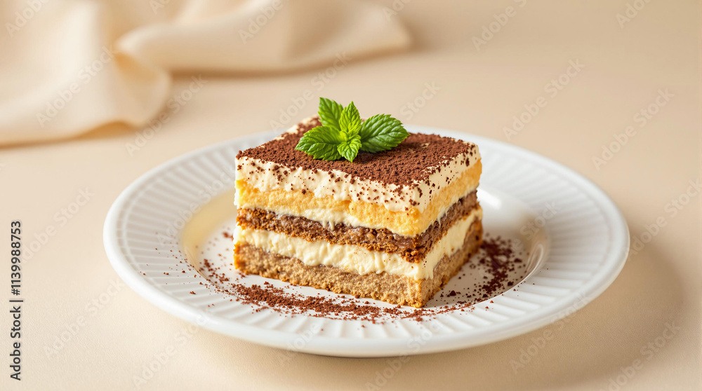 A delicately proportioned slice of tiramisu A delicately proportioned slice of tiramisu