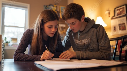 Two siblings collaborate on schoolwork at a table.