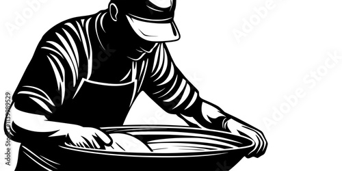 Baker mixing ingredients in a large bowl for bread preparation, Illustration