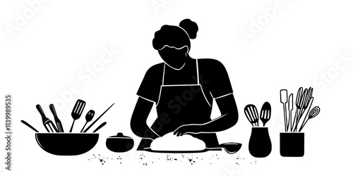 Baker kneading dough on a floured surface surrounded by baking utensils, Illustration