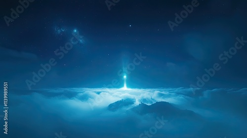 Luminous Lighthouse Above Clouds Night Sky Stars