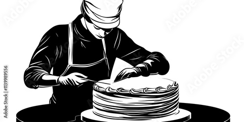 Baker smoothing the surface of a cake using cake decorating tools, Illustration